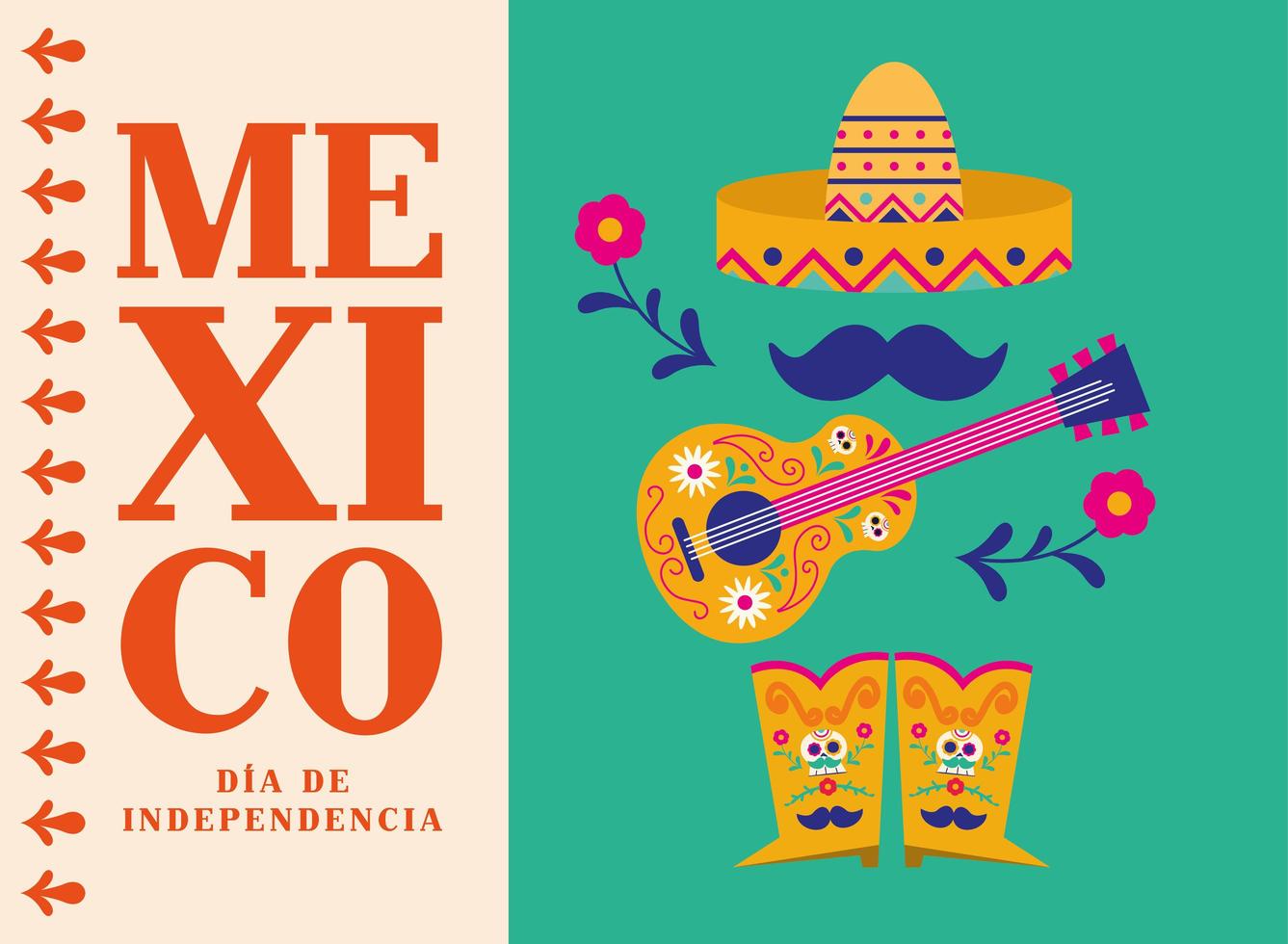 celebración del día de la independencia de méxico con sombrero de guitarra y botas de diseño vectorial vector