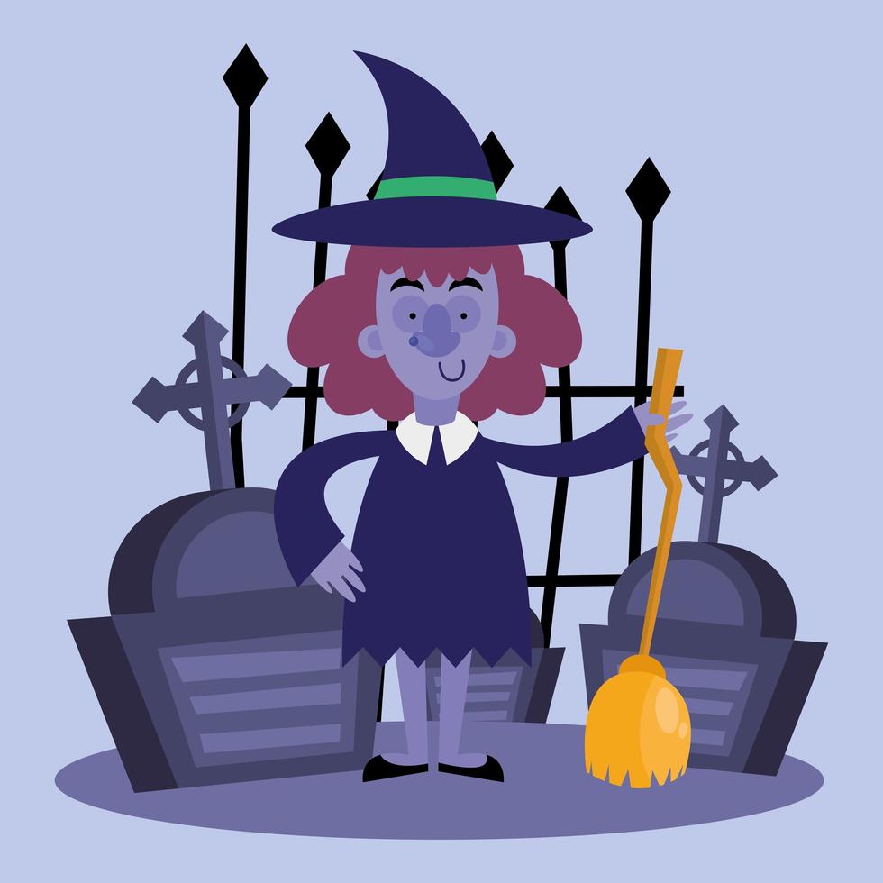 Halloween witch cartoon with broom and graves vector design