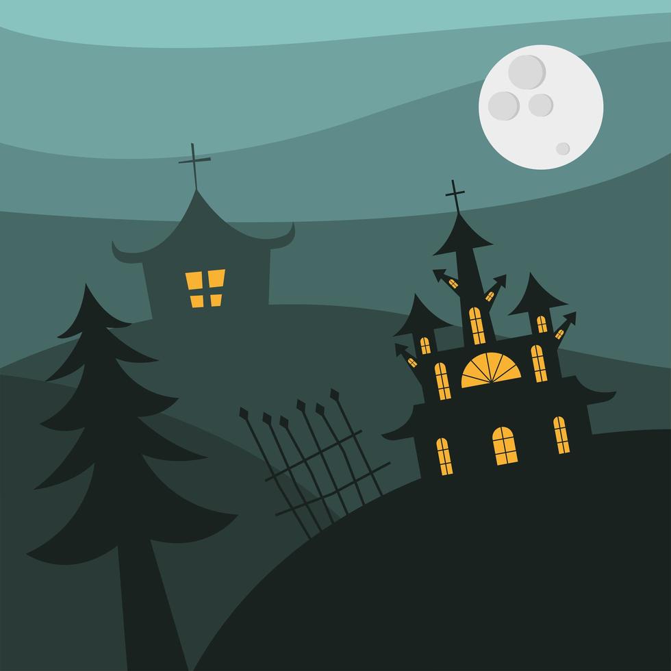 casas embrujadas de halloween con puerta y pinos vector
