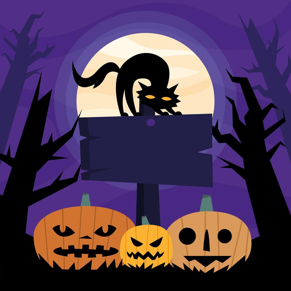 Calabazas de Halloween y gato en un diseño de vector de señal