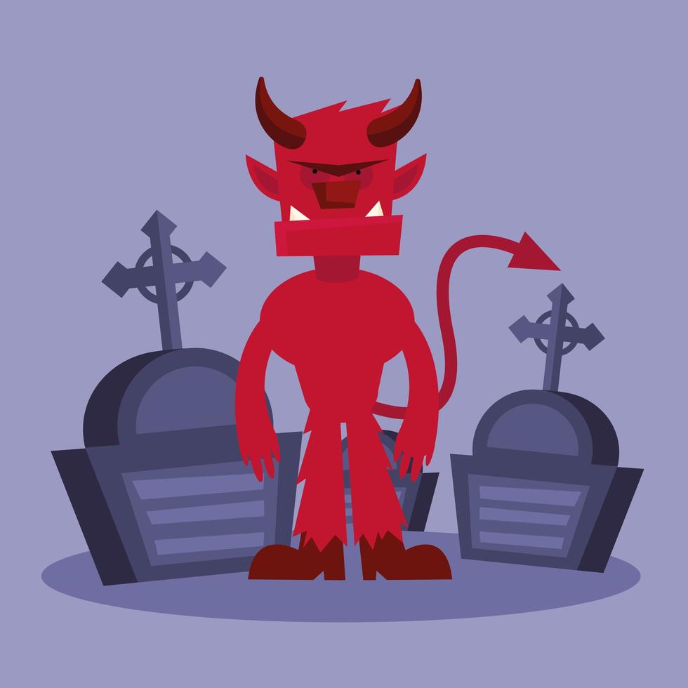 dibujos animados de diablo de halloween en el diseño vectorial del cementerio vector
