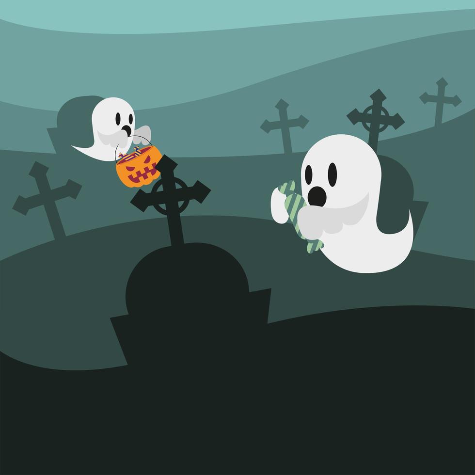 Halloween ghosts at the cemetery vector design