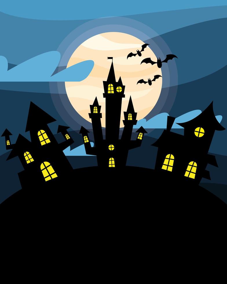 Halloween haunted houses with bats at night vector design