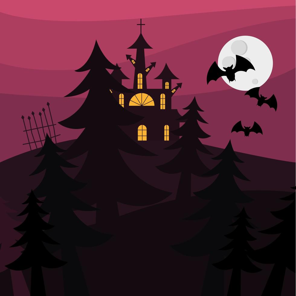 Halloween haunted house and pine trees at night vector design