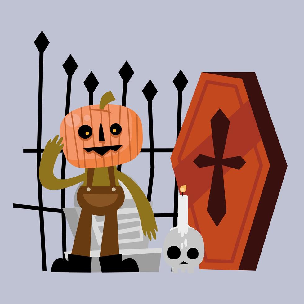 Halloween pumpkin cartoon with coffin vector design