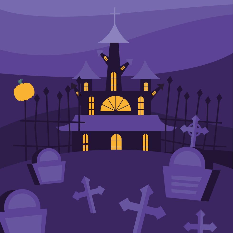 casa embrujada de halloween y cementerio en la noche vector