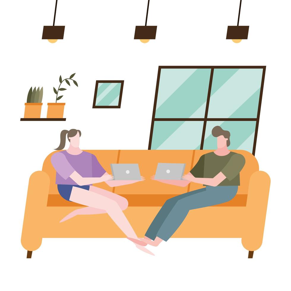 Mujer y hombre con laptop en sofá en casa diseño vectorial vector