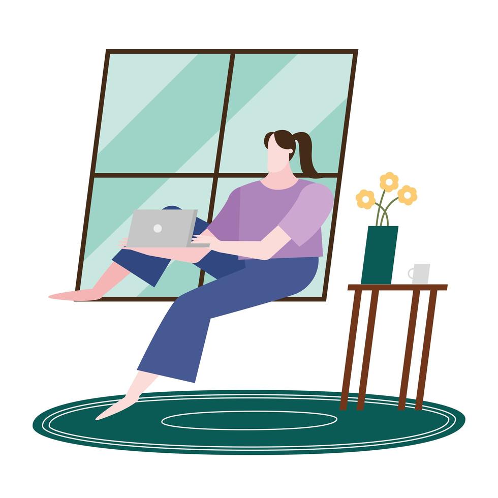 mujer con laptop en ventana en casa diseño vectorial vector