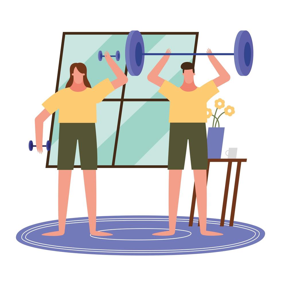 woman and man lifting weights at home vector design