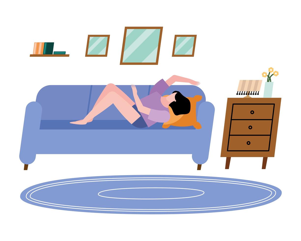 mujer en el sofá en casa diseño vectorial vector