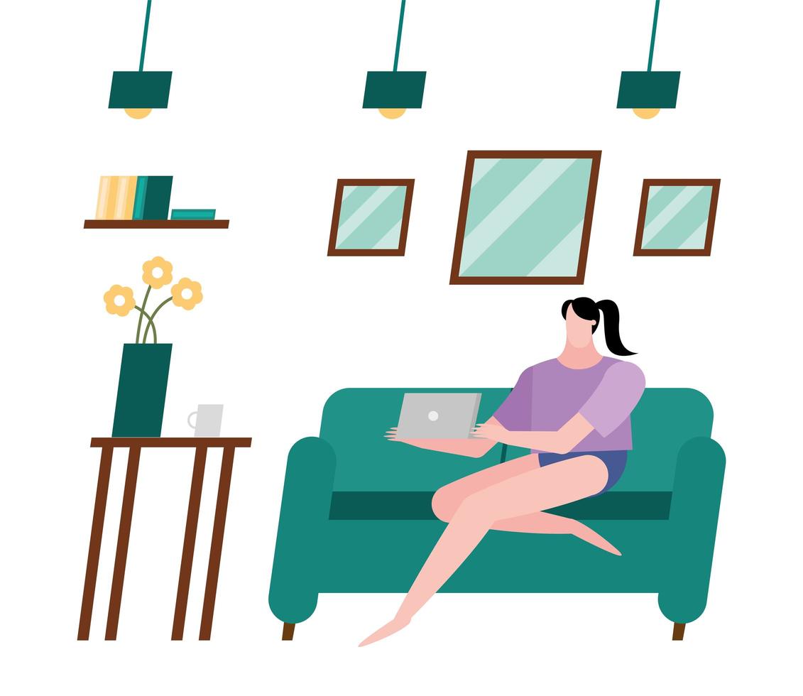 woman with laptop on couch at home vector design