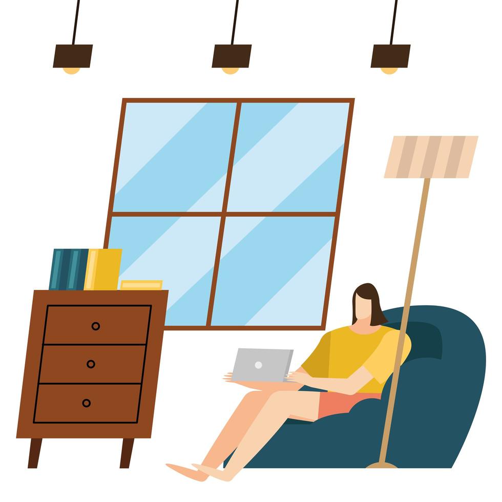 woman with laptop at home vector design