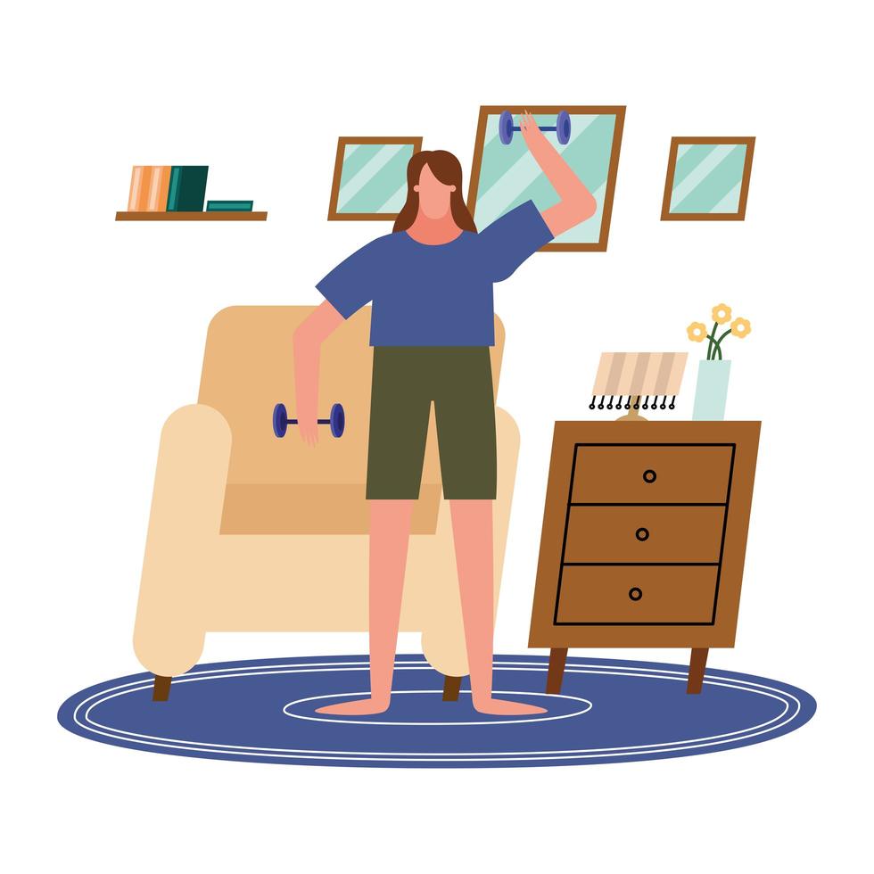 mujer levantando pesas en casa diseño vectorial vector