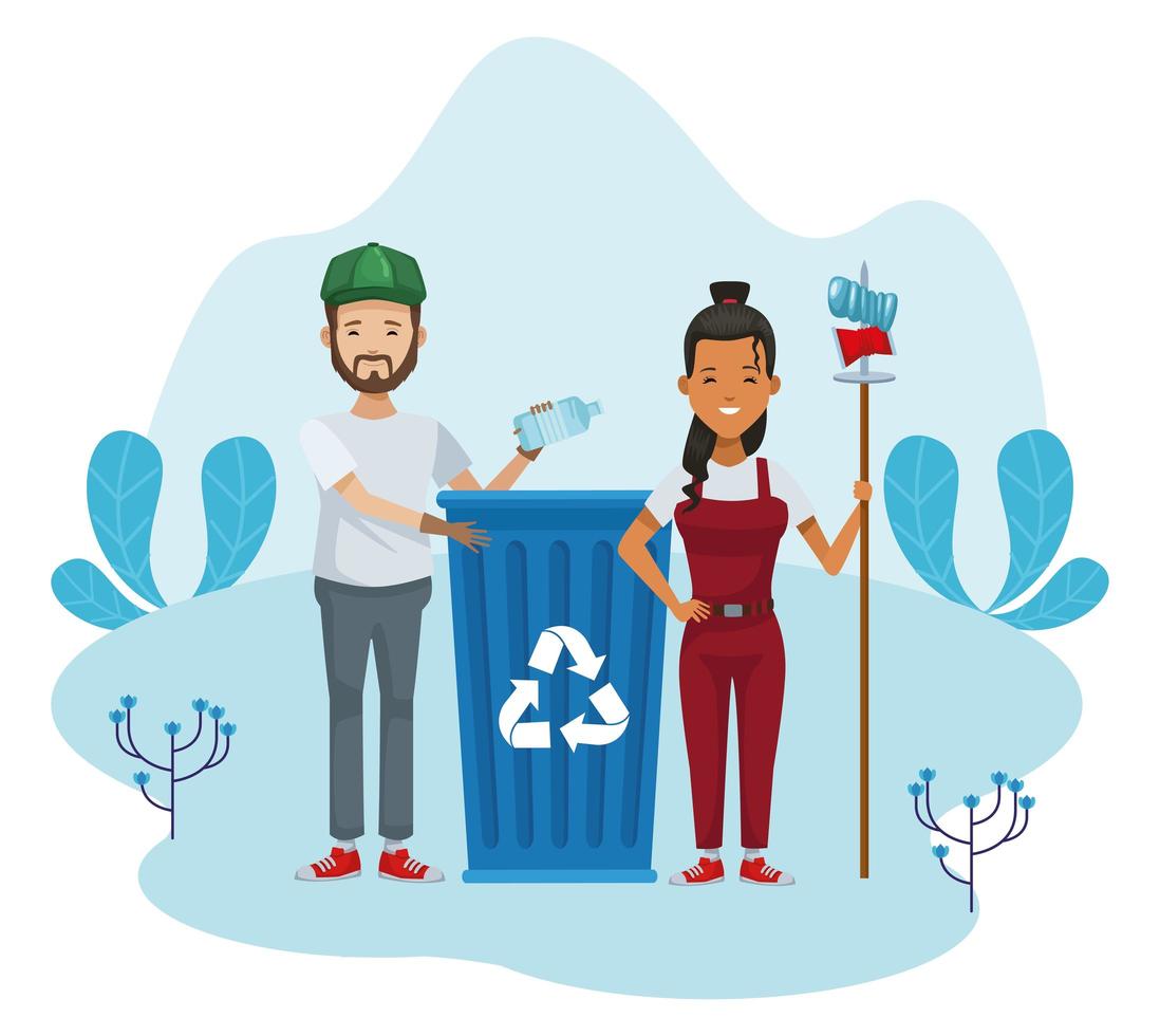 couple of environmentalists recycling characters vector