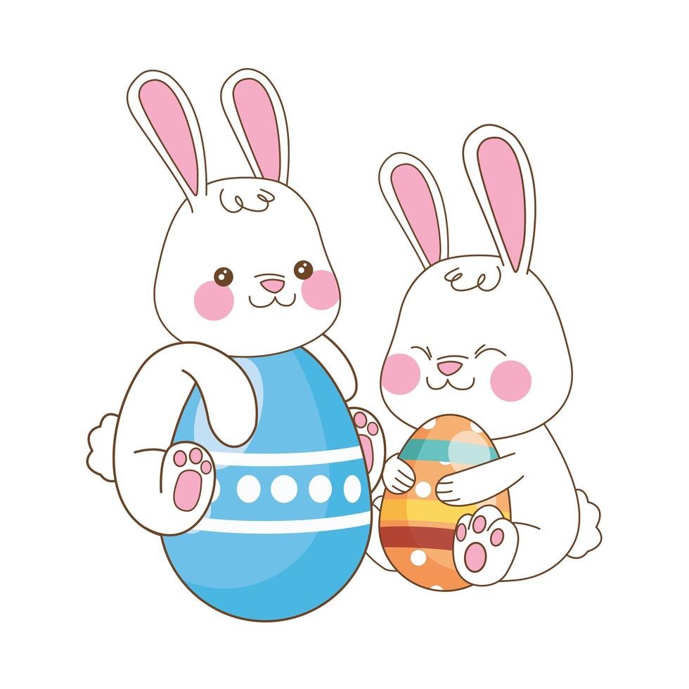 cute little rabbits with eggs painted easter characters vector