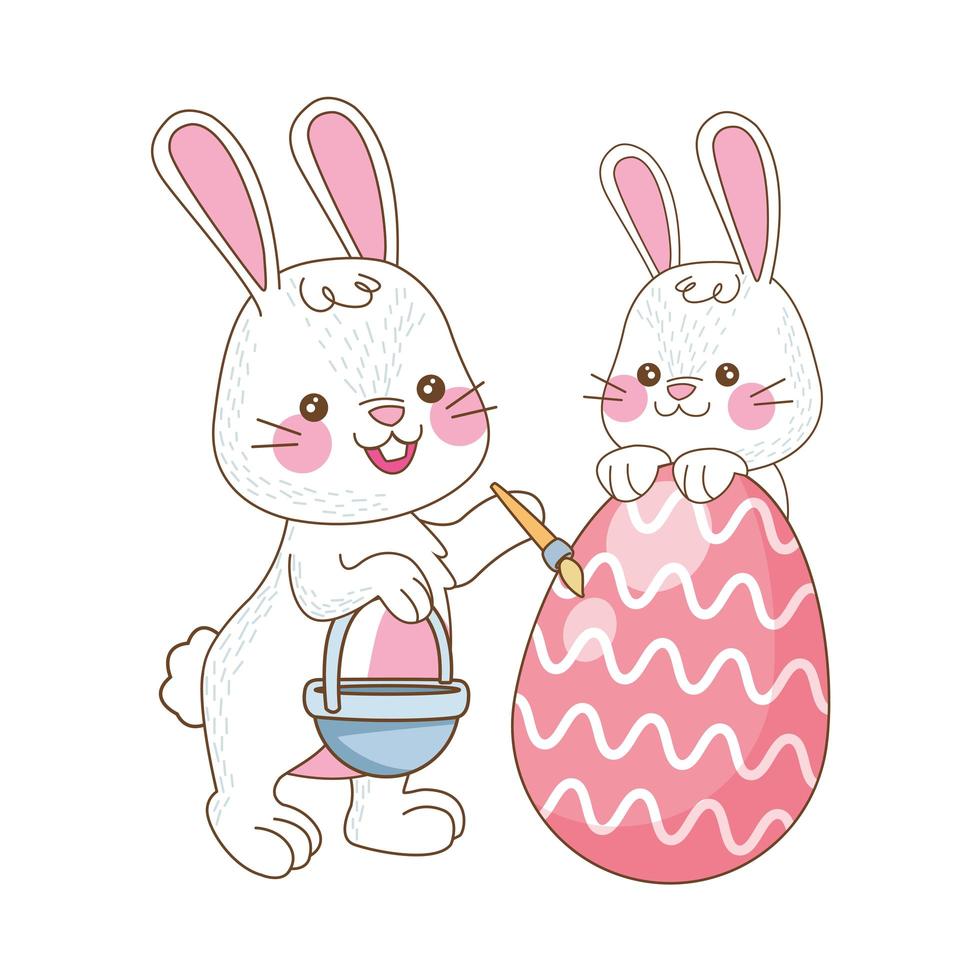 cute little rabbits with eggs painted easter characters vector