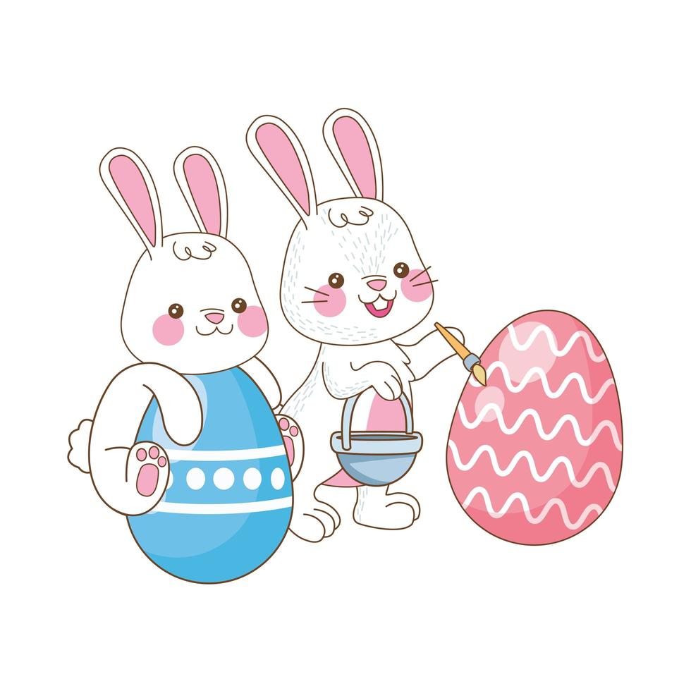 cute little rabbits with eggs painted easter characters vector