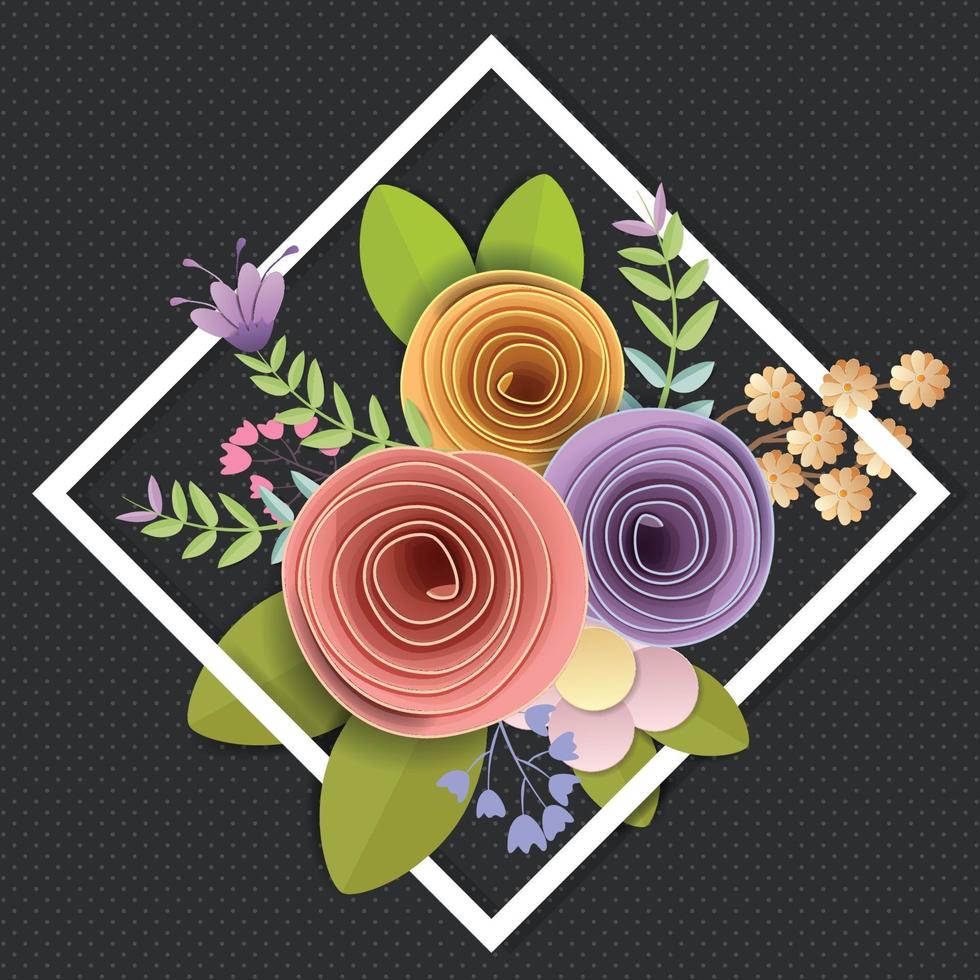 diseño vectorial e ilustración. Flores de papel artesanal, primavera, otoño, boda y ramo floral festivo de San Valentín, colores brillantes de otoño, imágenes prediseñadas de naturaleza aislada sobre fondo blanco, adorno decorativo. vector