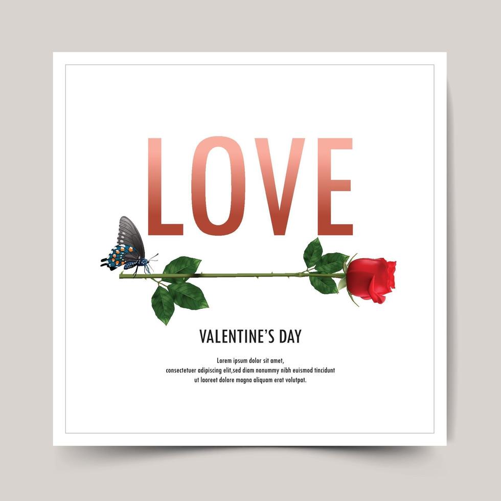 Valentine's Day card with LOVE text and red rose on a white background with frame, vector and illustration.