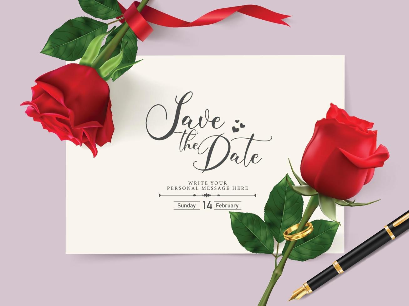 Plantilla de tarjeta de invitación de boda con hermosa rosa roja y anillo de pareja. vector e ilustración.