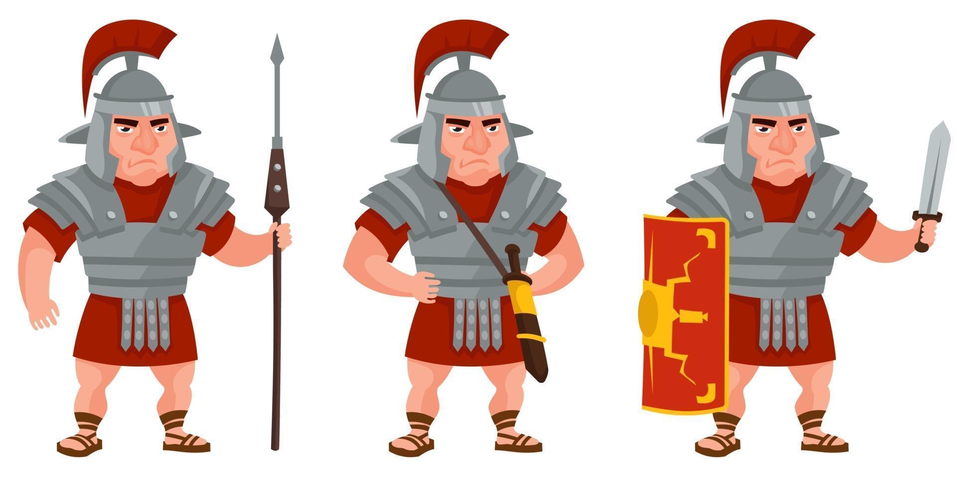 Roman warrior in different poses. vector