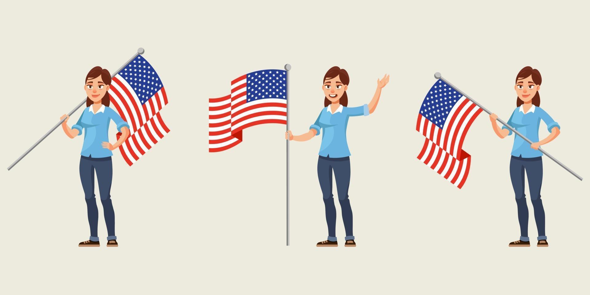 mujer sosteniendo la bandera americana en diferentes poses. vector