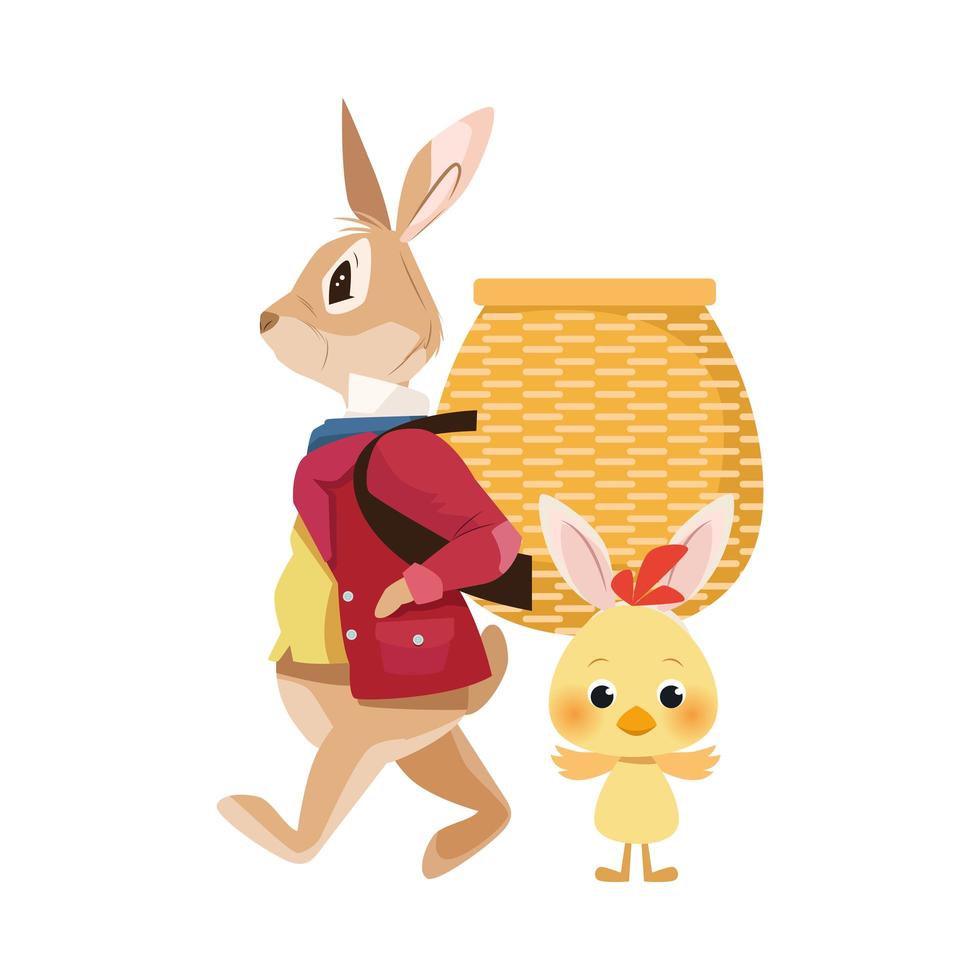 cute little rabbit lifting basket and chick easter characters vector