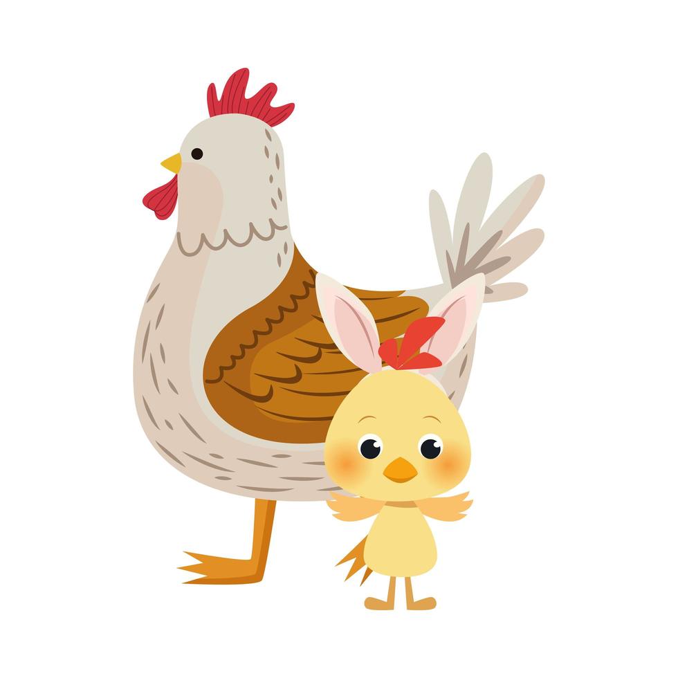 lindo pájaro gallina y pollito personajes de pascua vector