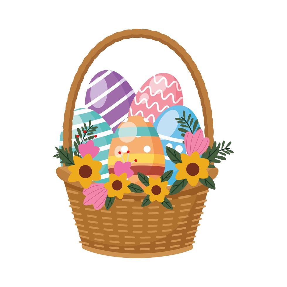 Huevos pintados en canasta con flores decoración de pascua vector