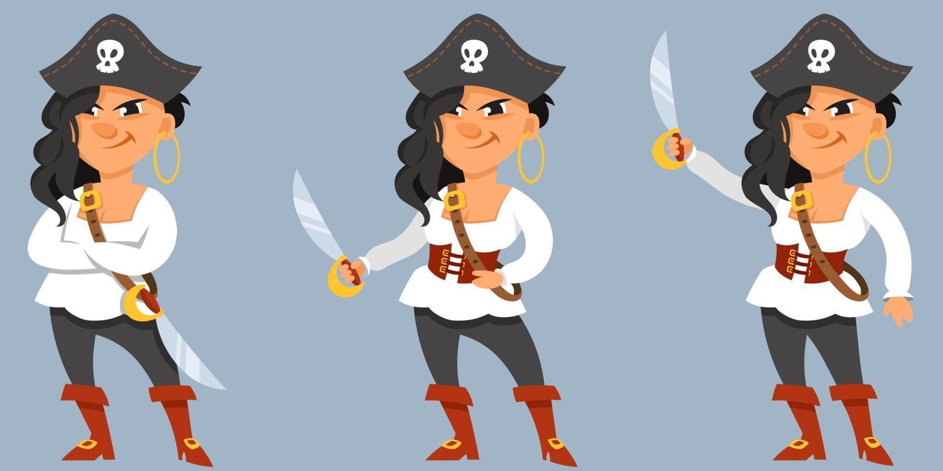 Female pirate in different poses. vector