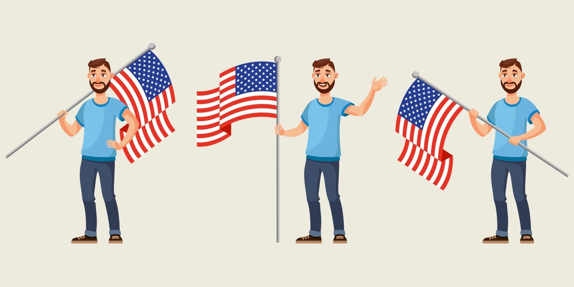 Man holding american flag in different poses. 1994344 Vector Art at