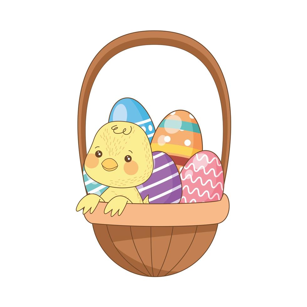 painted easter eggs in basket with little chick vector