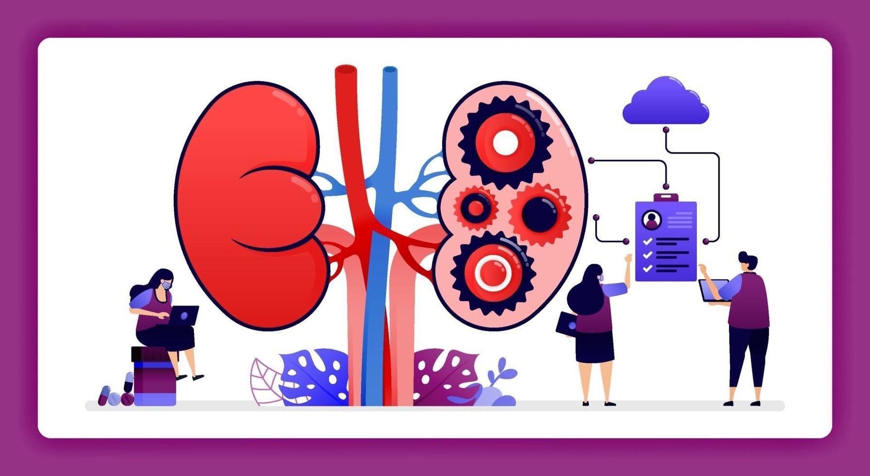 ilustración de diseño para la enfermedad renal y el tratamiento. almacenamiento de datos de salud de órganos internos y riñones en la nube. El diseño se puede utilizar para sitios web, sitios web, páginas de destino, banners, aplicaciones móviles, ui ux, carteles. vector