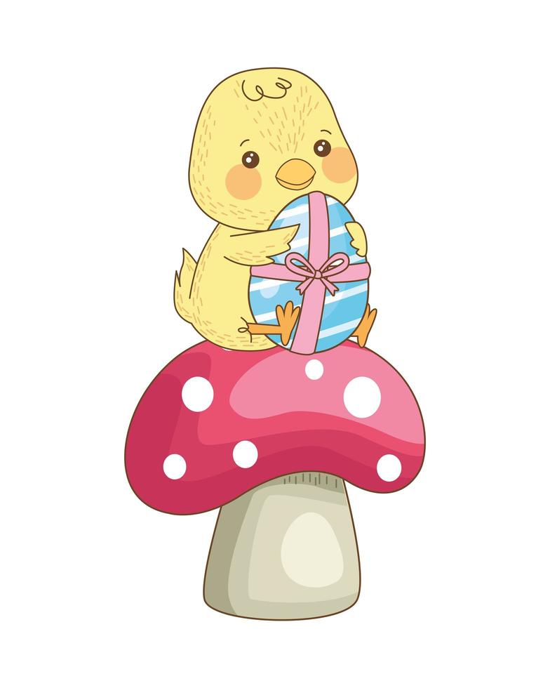 cute little chick with egg painted on mushroom vector