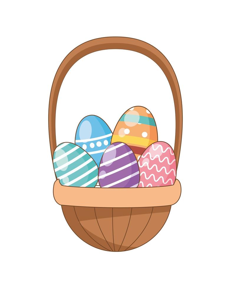 painted easter eggs in basket vector