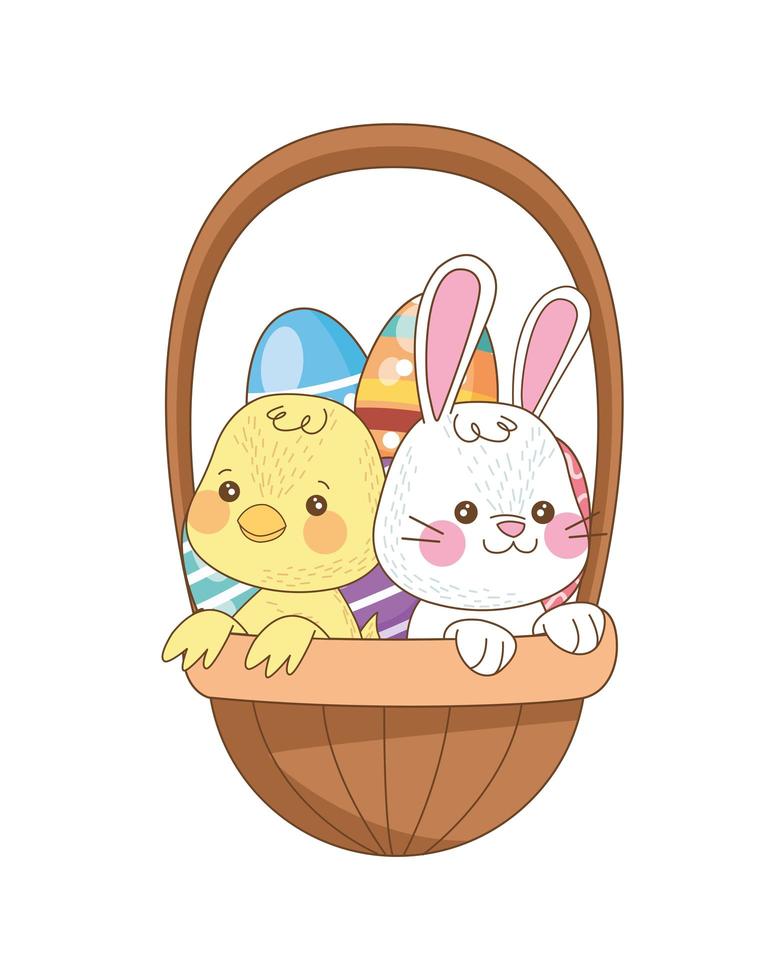 little rabbit and chick with eggs painted in basket vector