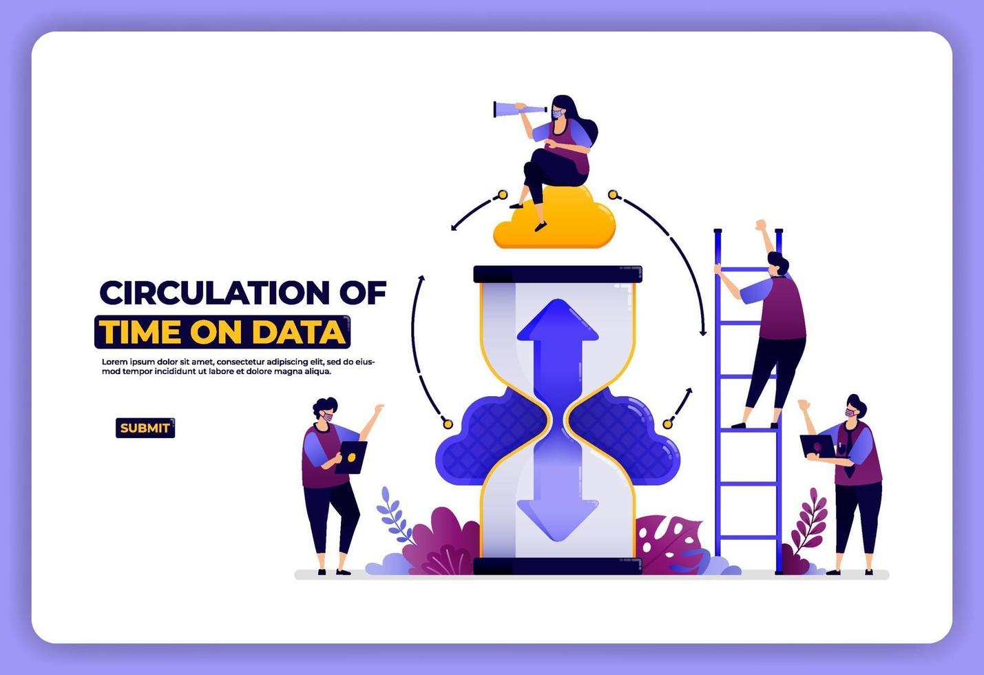 landing page design of circulation of data based on time. scheduling data access. designed for landing page, banner, website, web, poster, mobile apps, homepage, social media, flyer, brochure, ui ux vector