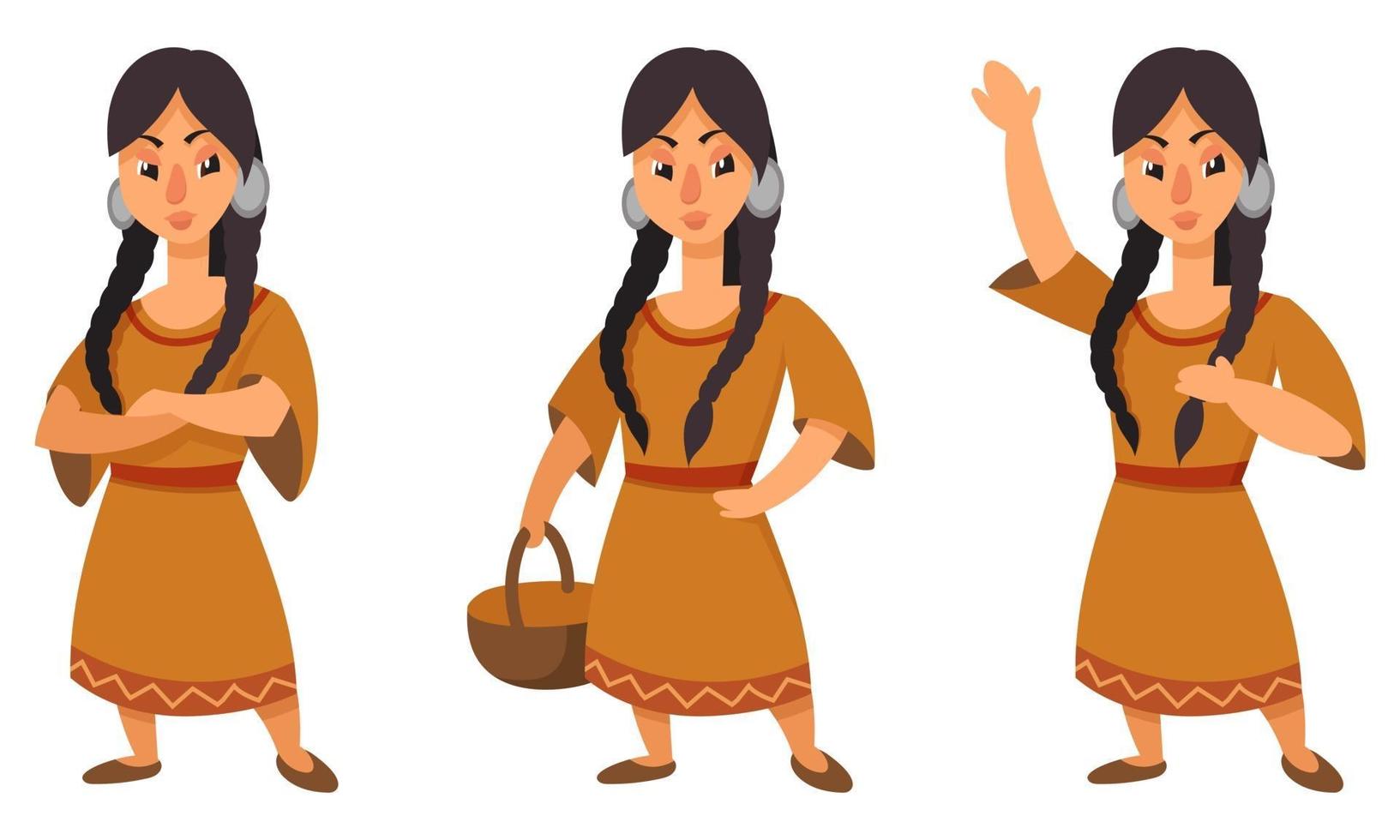 chica nativa americana en diferentes poses. vector