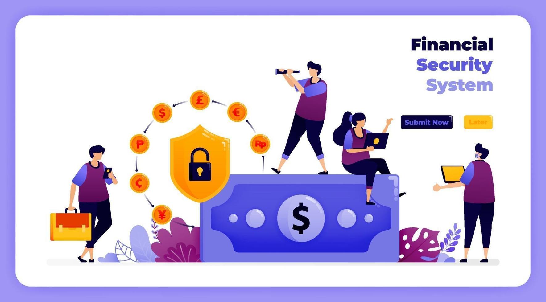 sistema de seguridad financiera en transacciones bancarias globales y digitales. ilustración vectorial para página de destino, banner, sitio web, web, póster, aplicaciones móviles, ui ux, página de inicio, redes sociales, volante, folleto vector