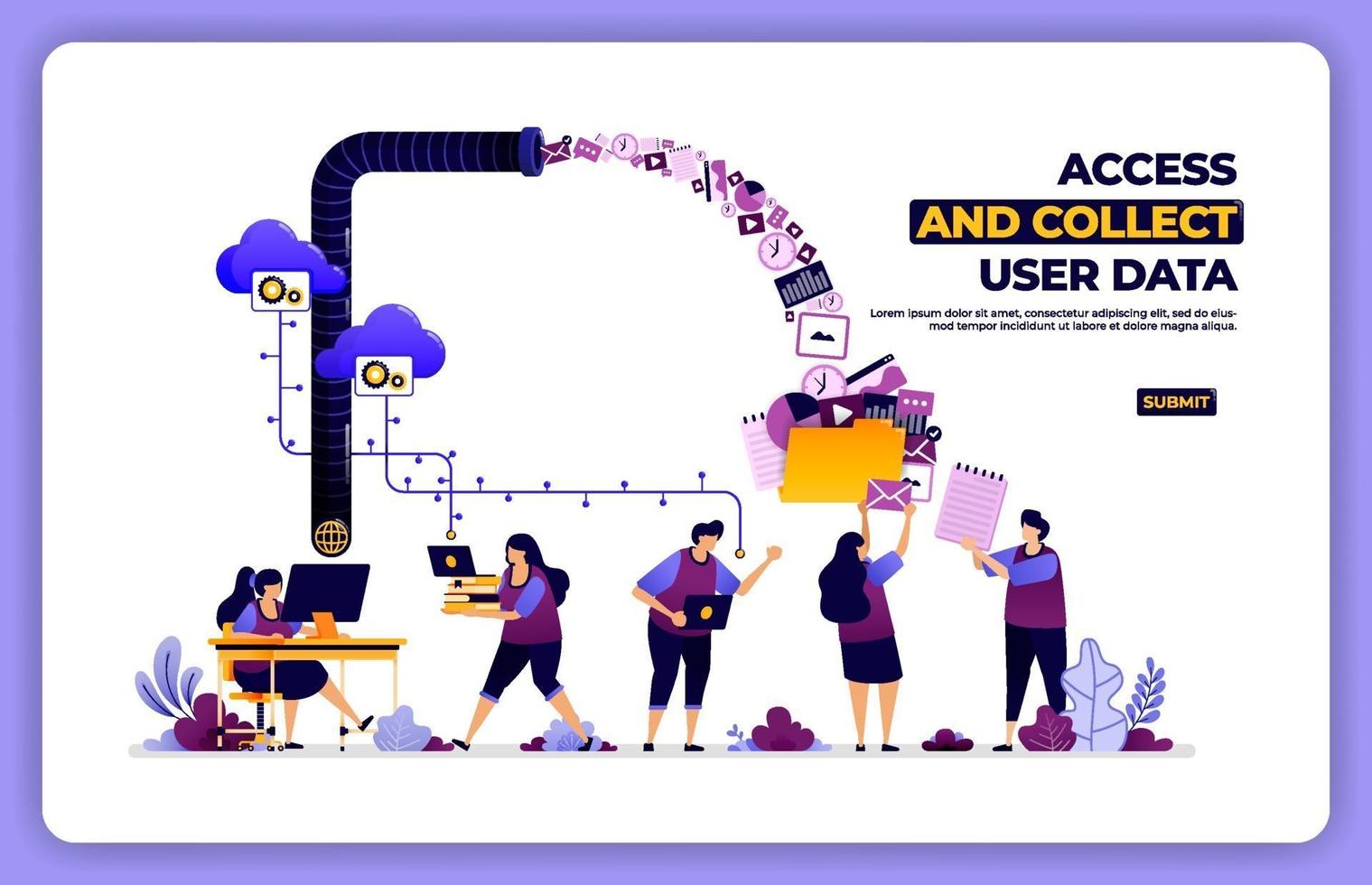 vector poster of access and collect user data. manage user experience activity. designed for landing page, banner, website, web, poster, mobile apps, homepage, social media, flyer, brochure, ui ux