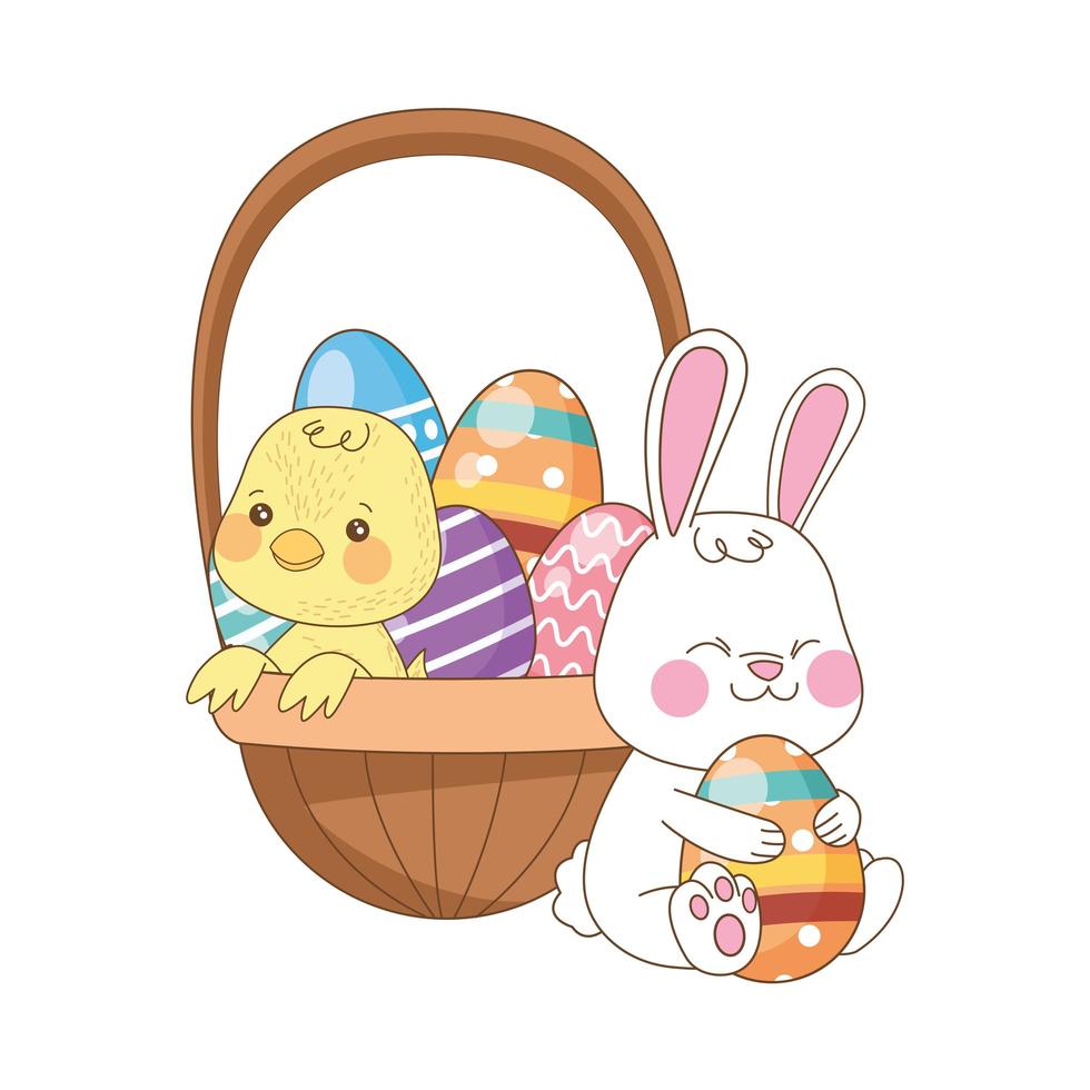 little rabbit and chick with eggs painted in basket vector