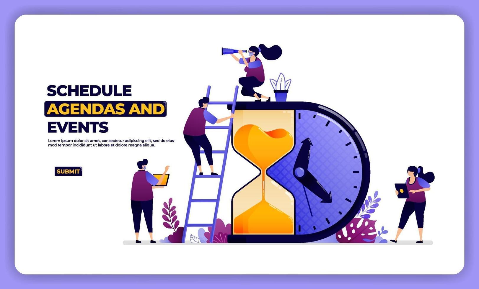 illustration design of schedule agenda and effect. managing working and holiday. designed for landing page, banner, website, web, poster, mobile apps, homepage, social media, flyer, brochure, ui ux vector
