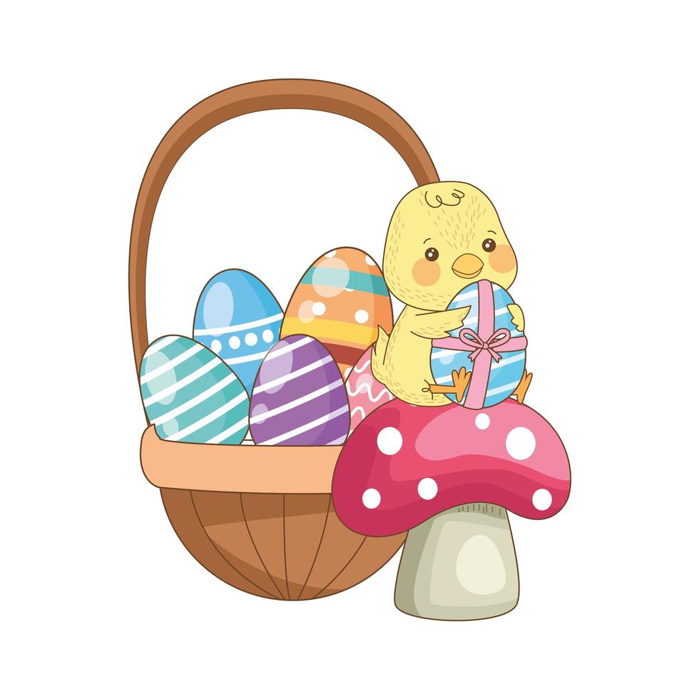 painted easter eggs in basket with little chick vector