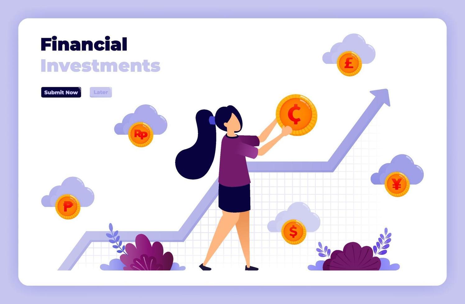 Illustration of financial investment with illustrations of gold coins and charts. designed for landing page, banner, website, web, poster, mobile apps, homepage, social media, flyer, brochure, ui ux vector