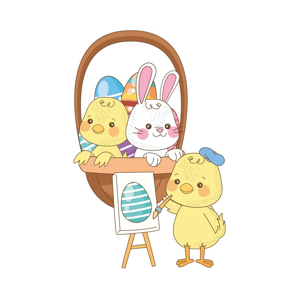 little rabbit and chick with eggs painted in basket vector