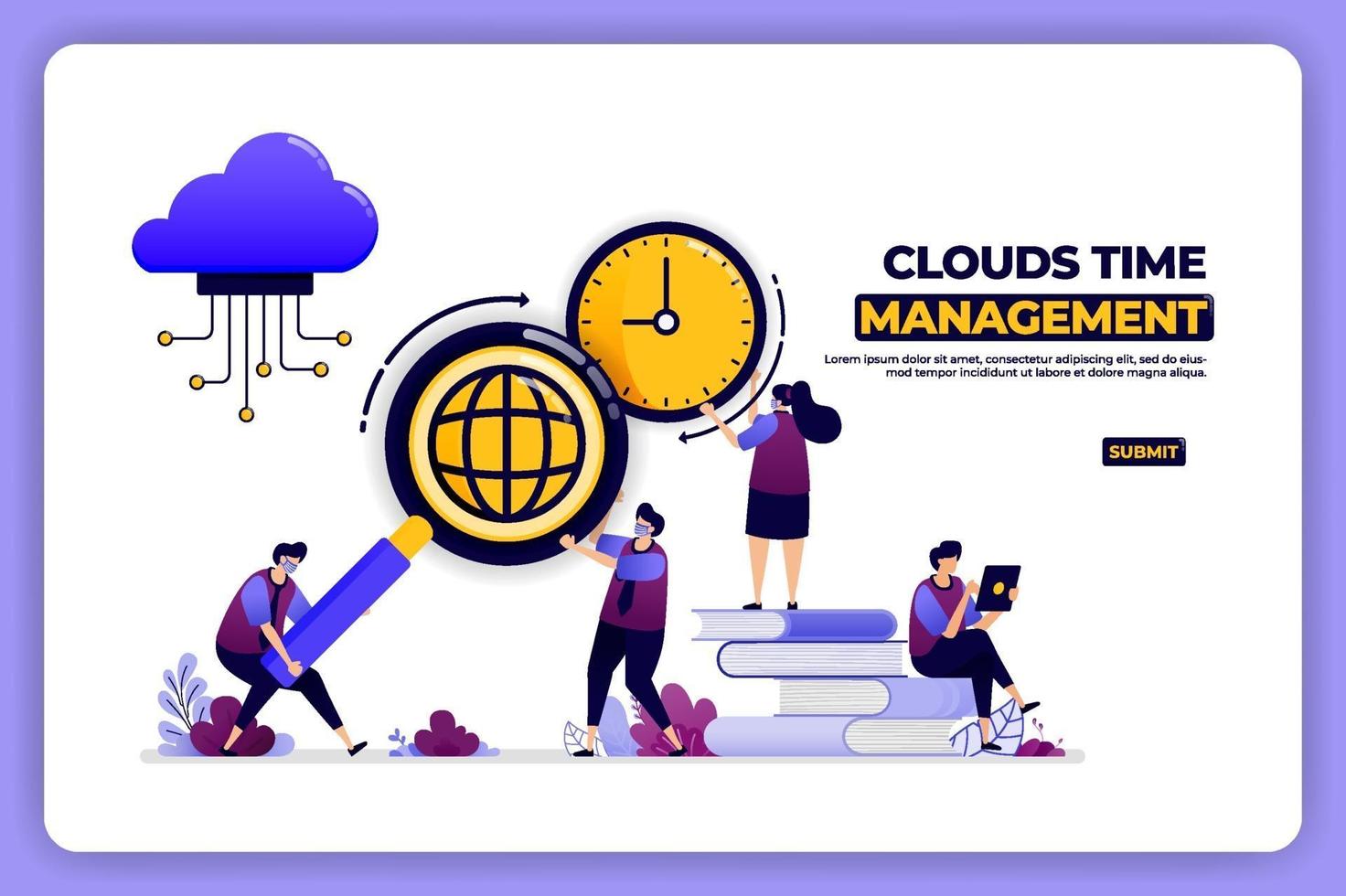 banner design of clouds time management. time management of cloud storage work. designed for landing page, banner, website, web, poster, mobile apps, homepage, social media, flyer, brochure, ui ux vector