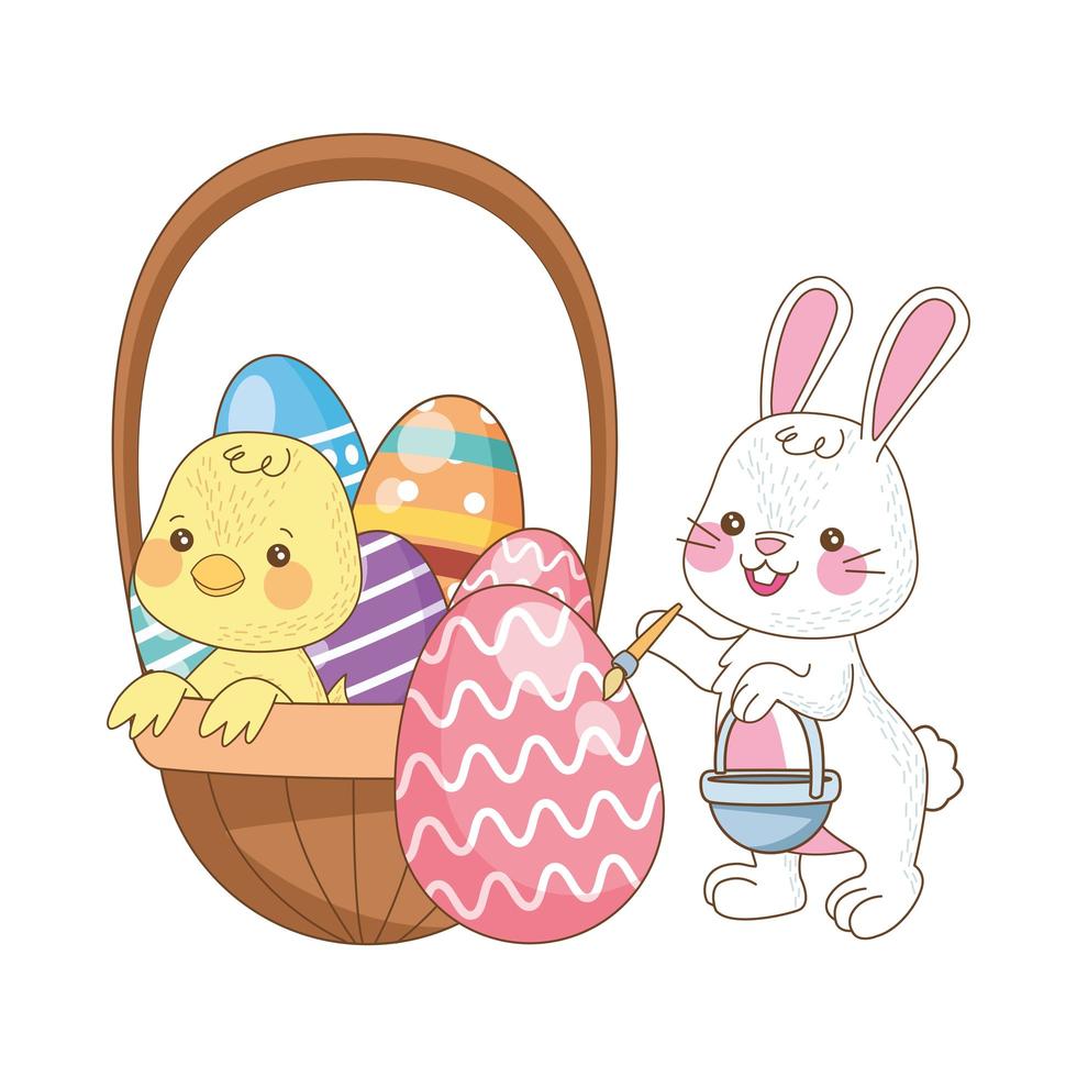 little rabbit and chick with eggs painted in basket vector