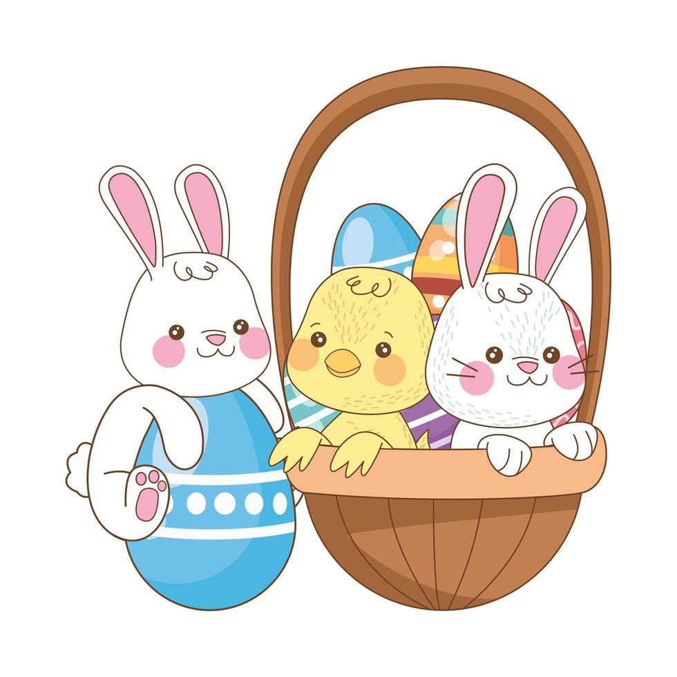 little rabbit and chick with eggs painted in basket vector