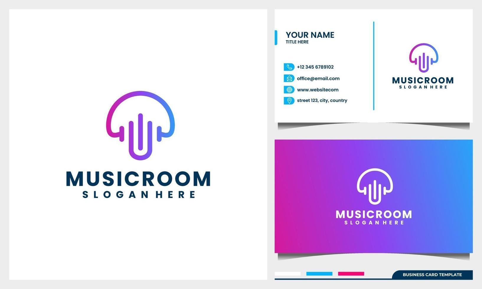 line art mushroom with audio wave logo concept and business card template vector