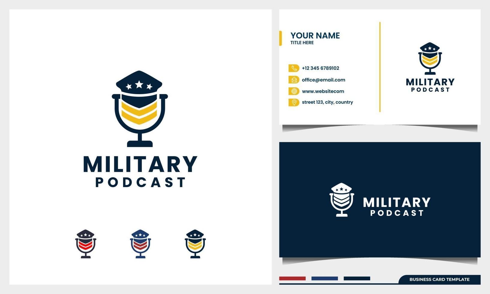 mic podcast with military logo concept and business card template vector